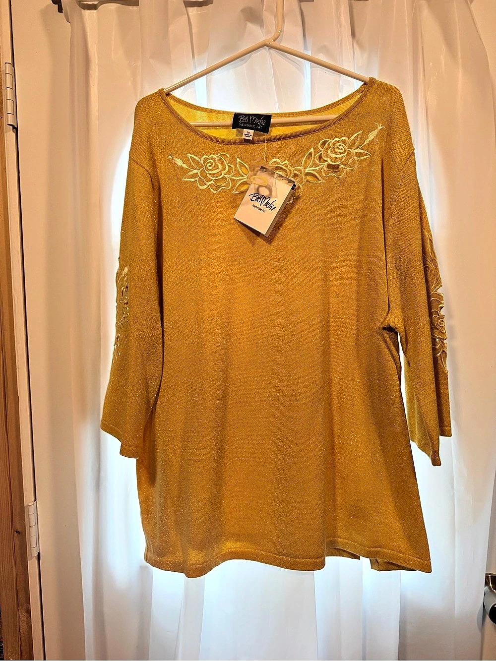 Bob Mackie Wearable Art Women's 3X Yellow Floral Embroidered Knit Tunic Blouse